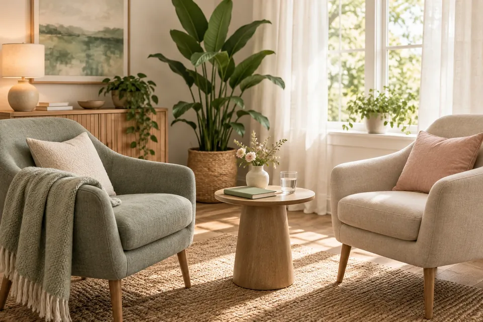 Two chairs facing each other in a calm, plant-filled consultation room with a notebook on a small side table.