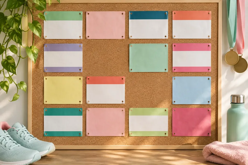 Runners' race bibs pinned to a corkboard, with a few empty spaces between them