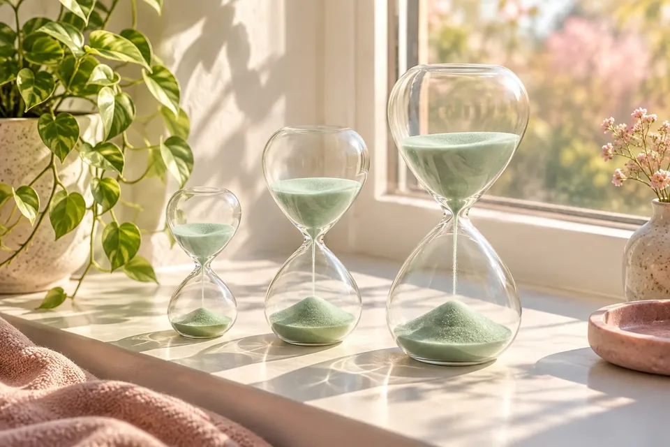 A row of three hourglasses of different sizes on a windowsill in warm light