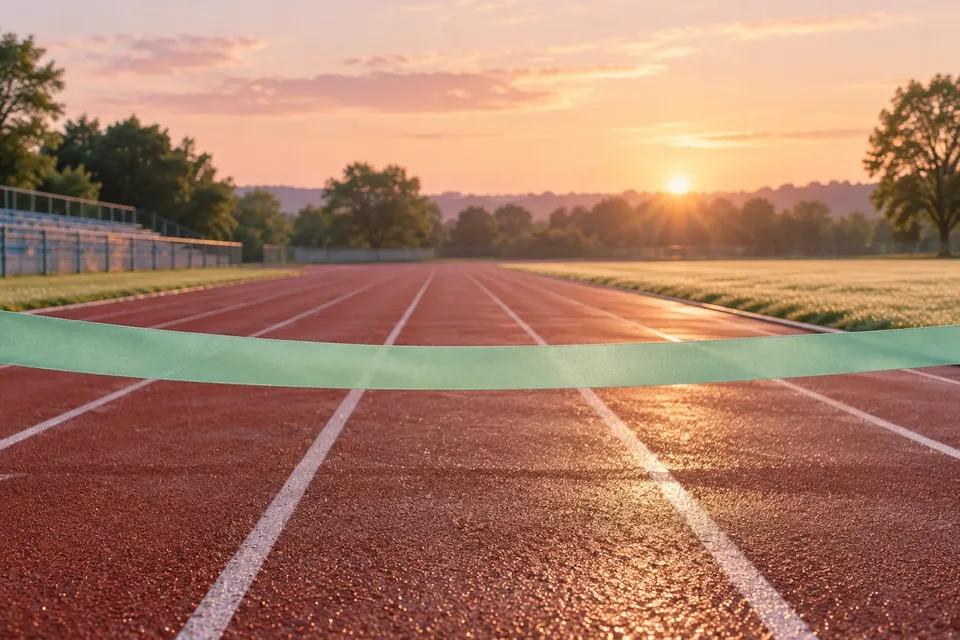 A finish-line ribbon stretched across an empty running track at sunrise