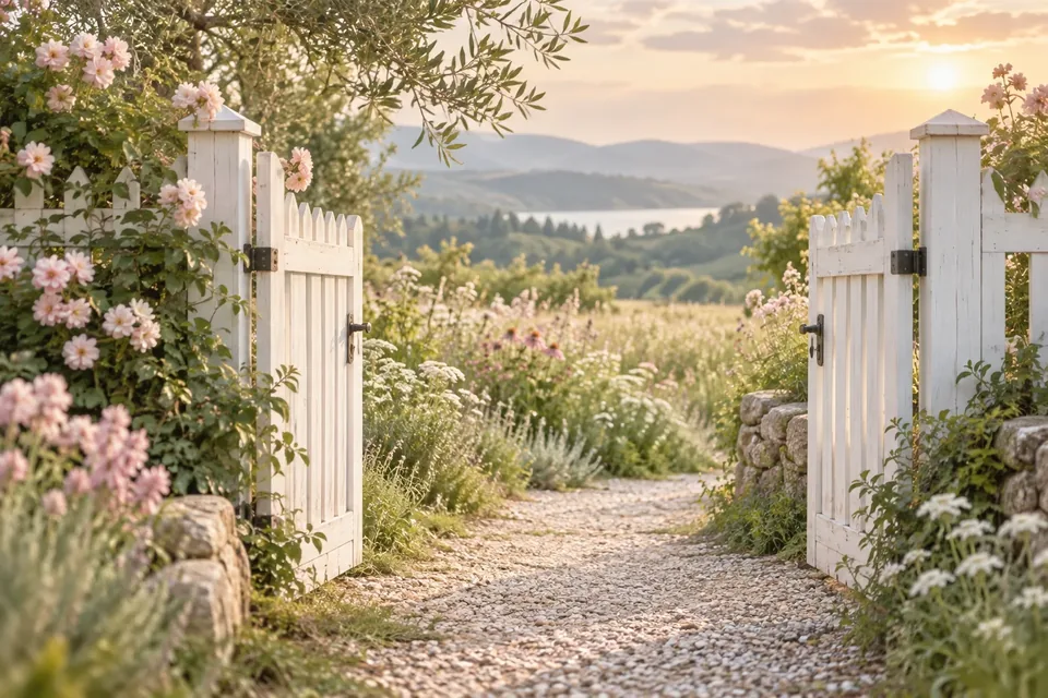 A winding garden path continuing past an open gate into a sunny meadow