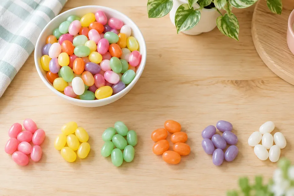 A bowl of mixed jelly beans with small groups of single colors sorted beside it