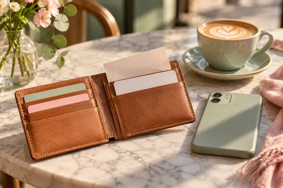 An open leather wallet with a small folded paper card tucked beside a health insurance card, next to a smartphone on a café table.