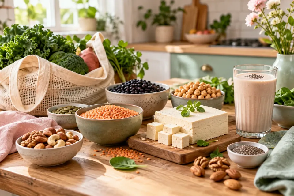 A variety of plant-based foods and ingredients arranged on a wooden kitchen table.