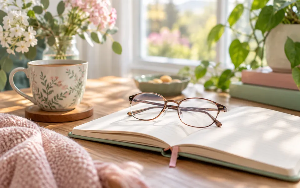 Reading glasses on a notebook, representing vision changes.