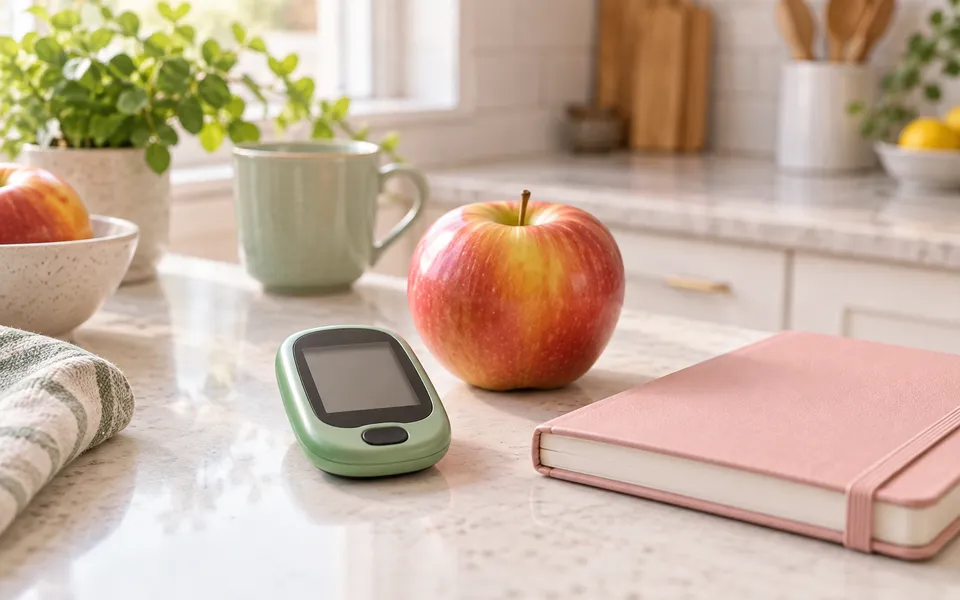 A glucose meter beside an apple, representing type 2 diabetes.