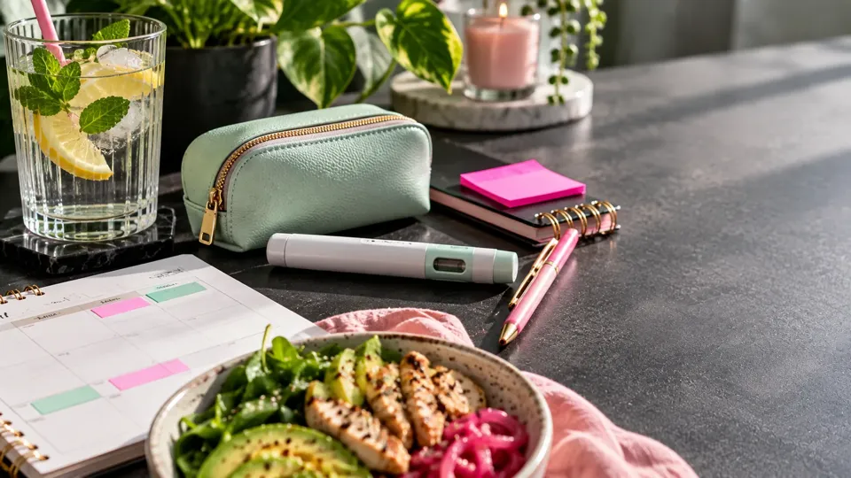 An unbranded wellness still life with a generic injector pen, notebook, water and a balanced meal.