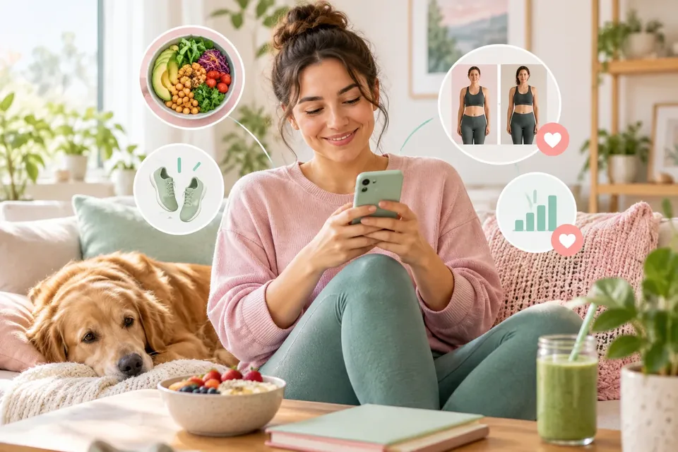 A woman sits on a couch with a dog, using her phone surrounded by health and fitness icons.