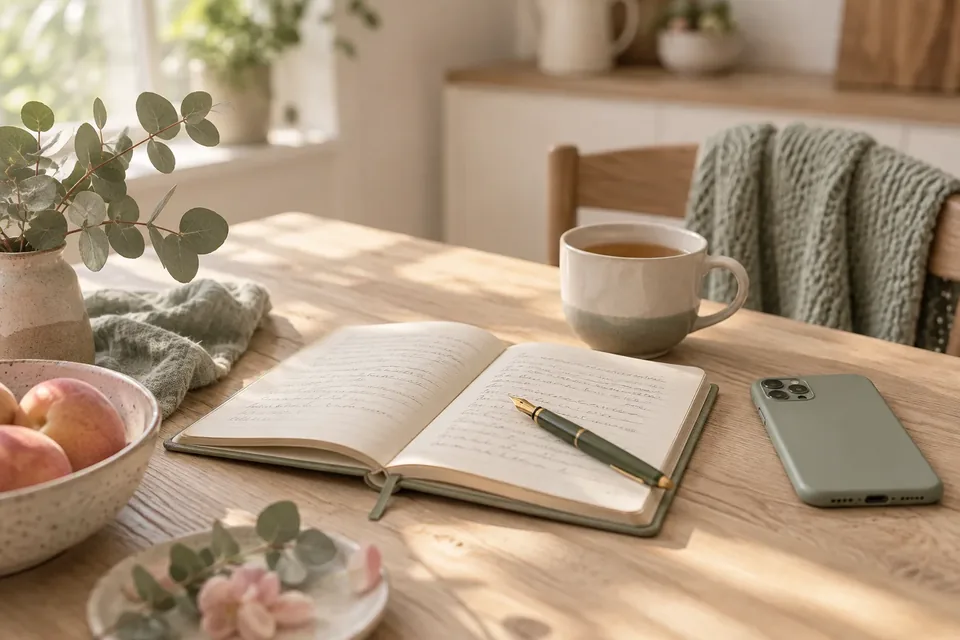 An open linen-bound notebook with a fountain pen lying beside a phone turned face down on a sunny kitchen table.