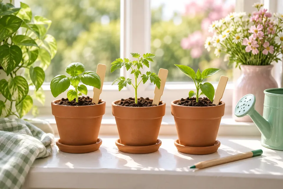 Three small potted seedlings in matching pots lined up on a sunny windowsill with a paper tag beside each.