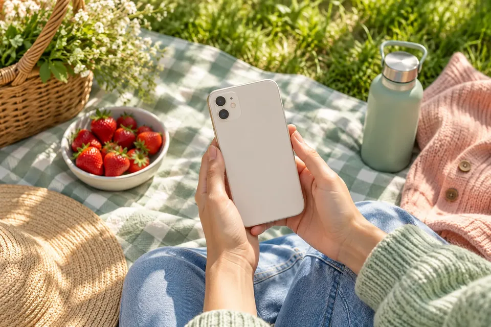 Hands holding an Android-style phone over a picnic blanket with fruit and a water bottle in a park.