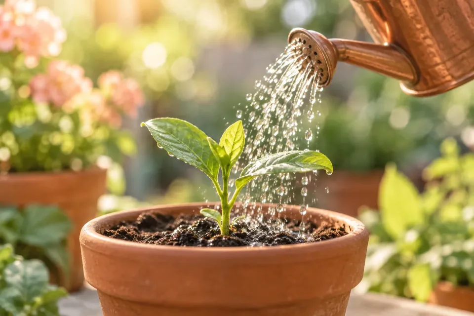 A young seedling in a terracotta pot being watered from a small copper watering can in warm light