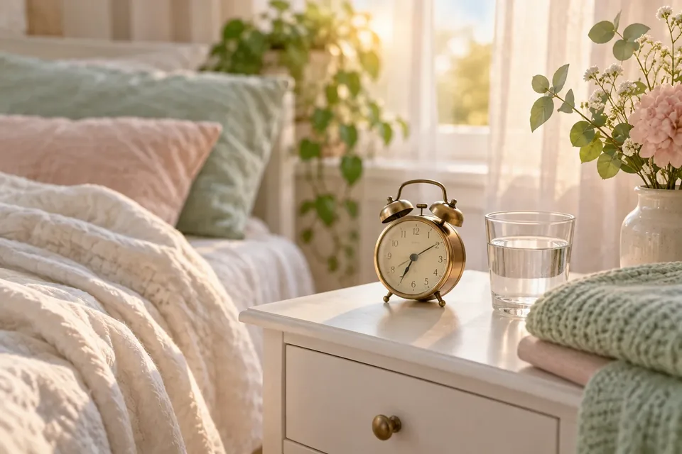 A vintage brass alarm clock on a bedside table beside a folded blanket in soft morning light