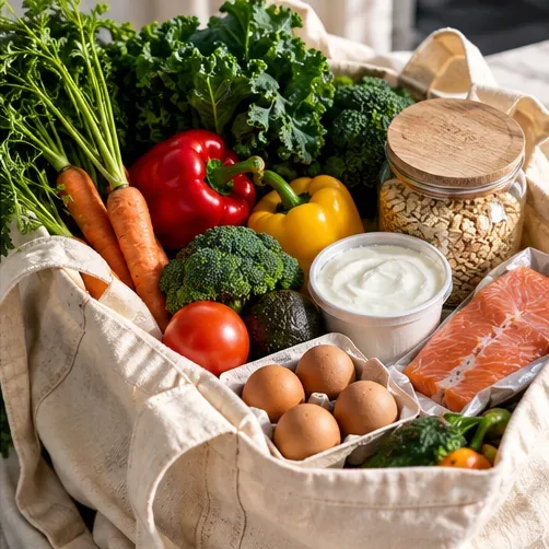 A reusable grocery bag with vegetables, eggs, yogurt and other food staples