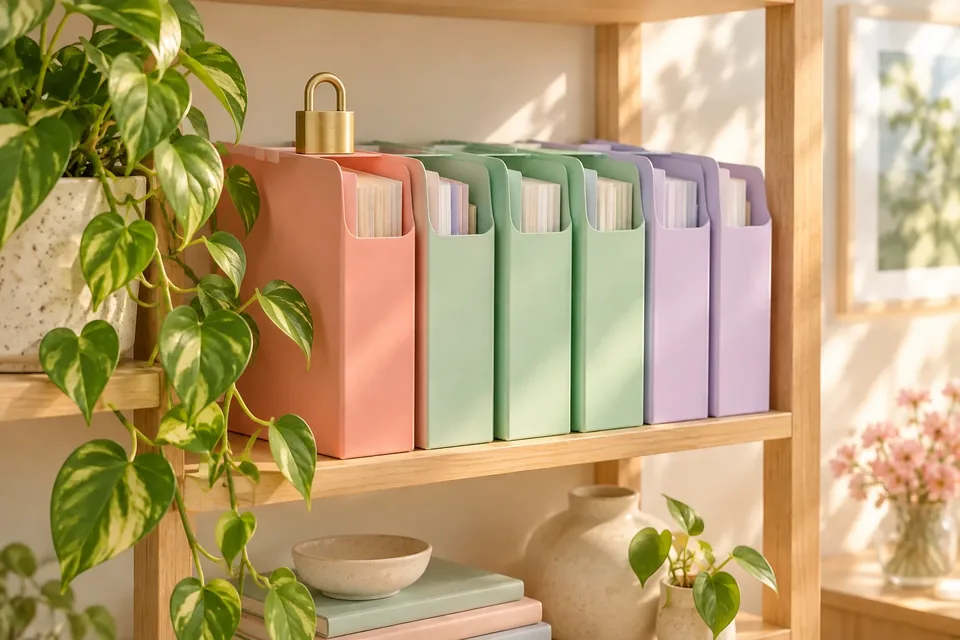 A row of colorful filing folders on a shelf next to a small padlock and a potted plant.