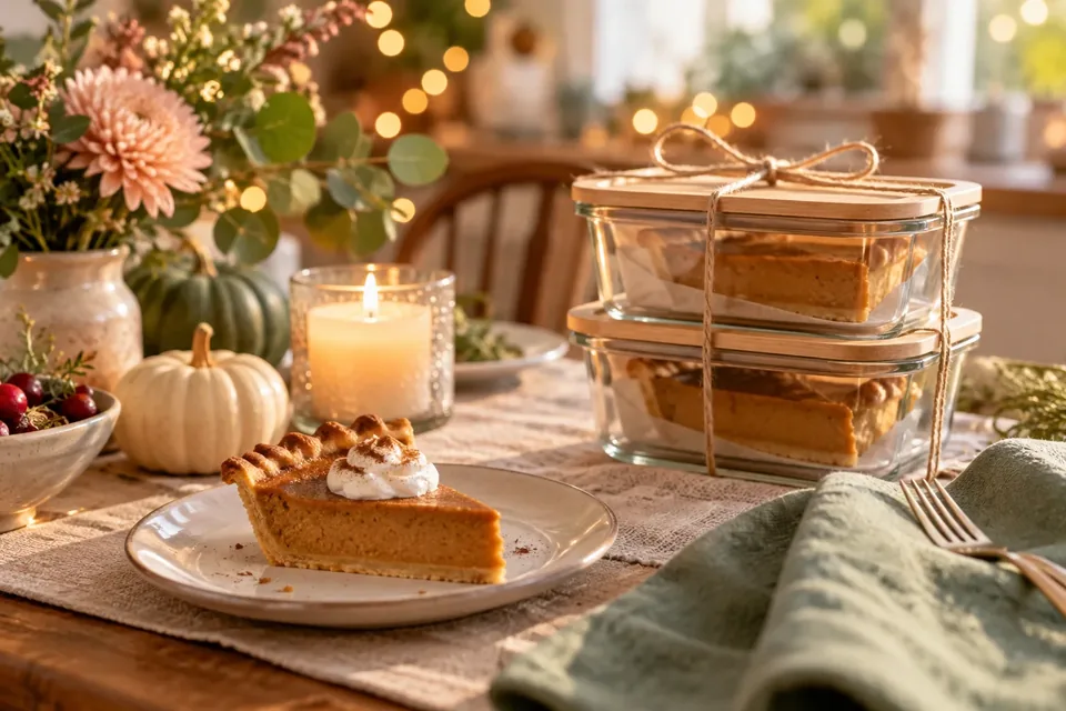 A small dessert plate with a sliver of pie next to a stack of take-home containers on a festive table with candles