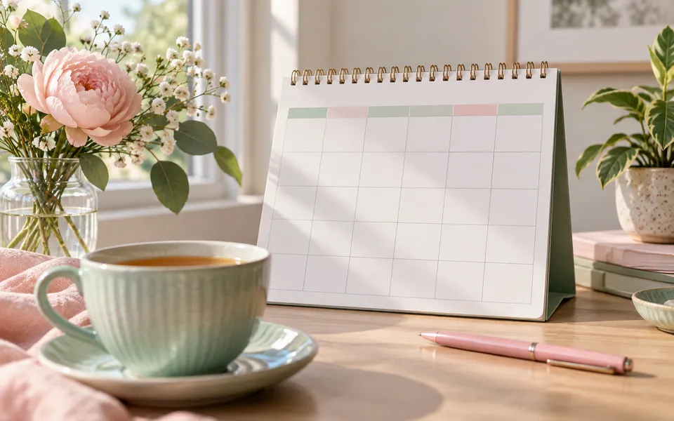 A blank calendar and a cup of tea, representing how long side effects last.