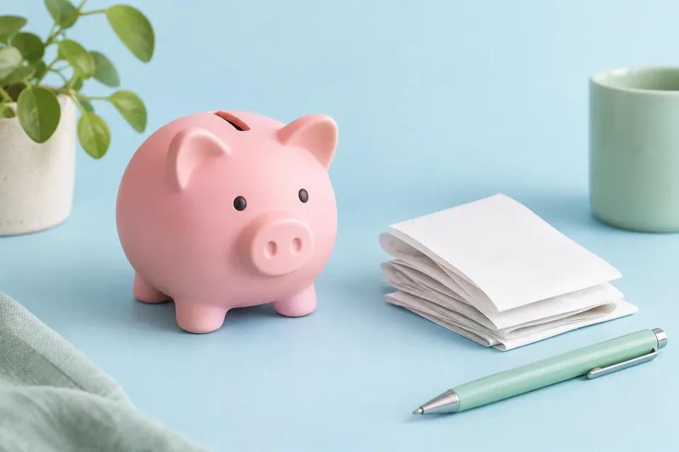 A small pink piggy bank next to a folded stack of receipts and a pen on a light blue background.
