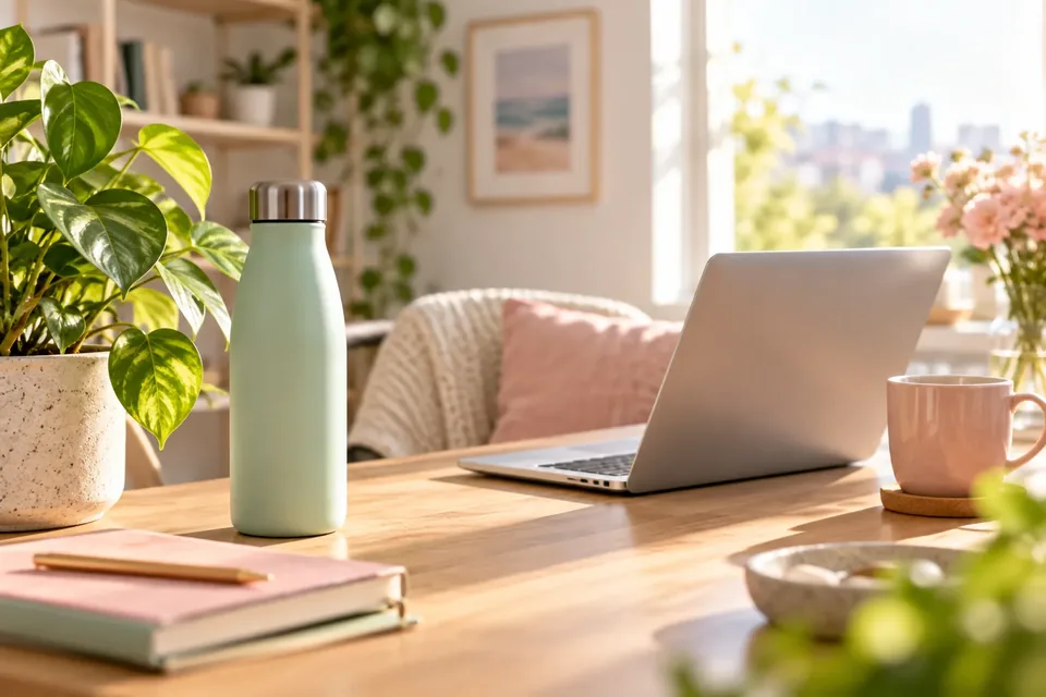 A bright workspace with a laptop, water bottle, coffee mug, plant, and notebook on a wooden table.