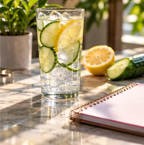 A glass of water with cucumber and lemon beside a notebook