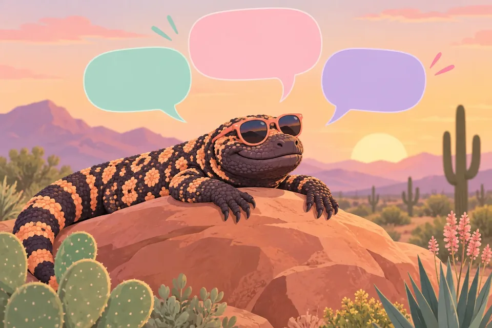 Illustration of colorful cartoon speech bubbles floating above a friendly desert lizard sunbathing on a rock