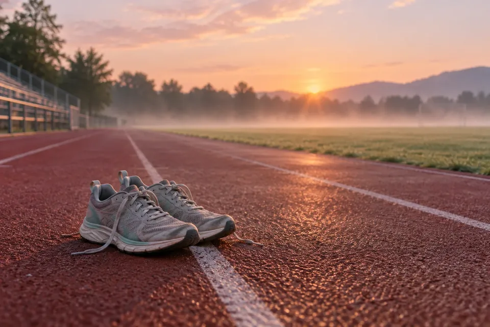 An empty running track at sunrise with a single pair of sneakers resting on the starting line