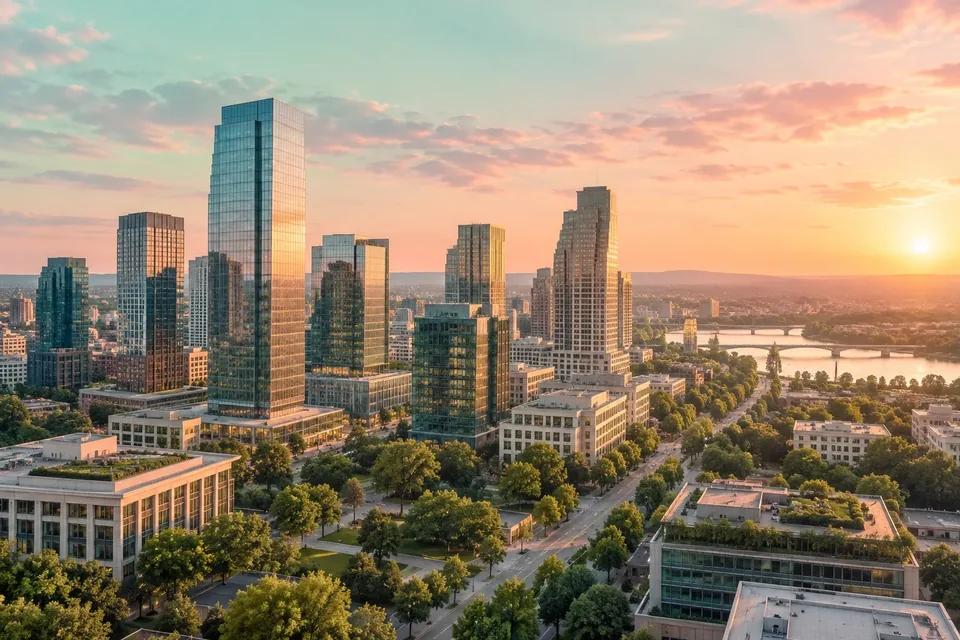 An aerial view of a city office district at golden hour with glass towers and tree-lined streets.
