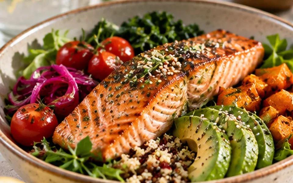 A balanced meal and water in natural light, representing eating patterns and hydration.