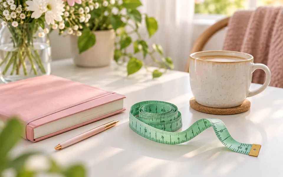 A tape measure and notebook, representing measuring progress beyond the scale.