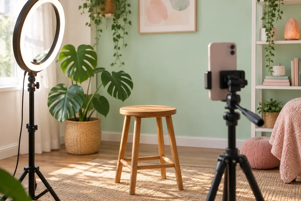 A ring light and an empty stool in a bright home studio corner with a potted plant