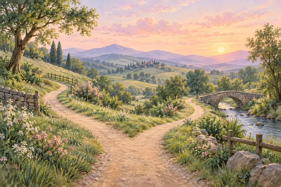 A soft illustration of a forked country road splitting into two paths under a pastel sky
