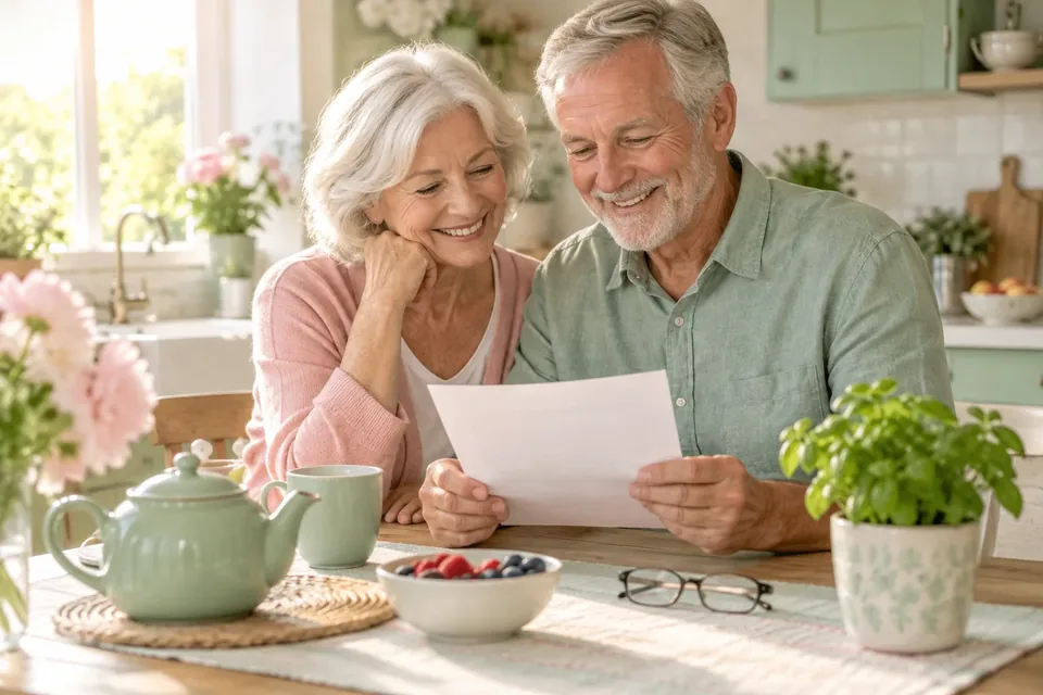 An older couple sitting at a sunny kitchen table looking over a printed letter together, with a teapot and reading glasses nearby.