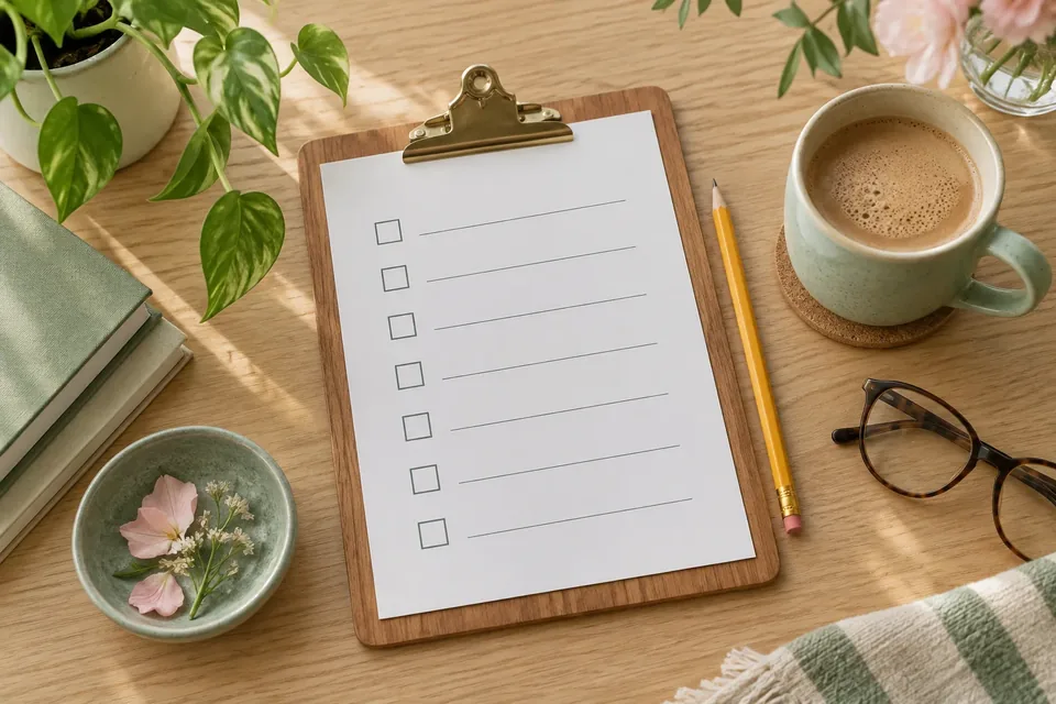 A clipboard with a blank checklist, a pencil and a cup of coffee on a wooden table beside a window.