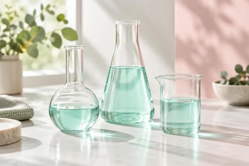 Three glass measuring vessels of different sizes holding the same pale blue liquid at different levels on a white counter.