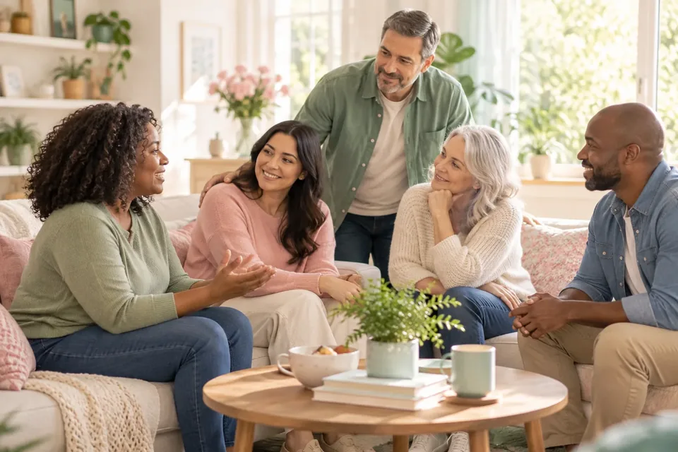 Five adults sitting and standing in a living room engaged in a friendly conversation.