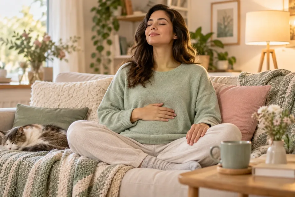 A person sitting cross-legged on a sofa with eyes closed, one hand on their belly, breathing calmly in a cozy living room