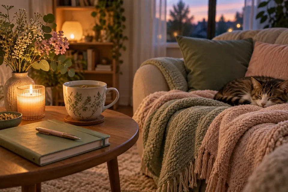 A cozy living room scene with a cat sleeping on a blanket-covered sofa at sunset.