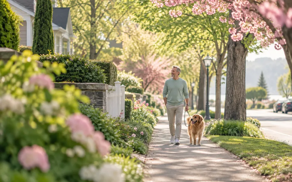 A man walking his dog, representing long-term health.
