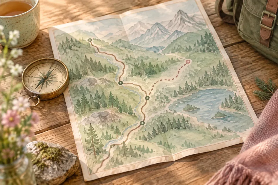 A hand-drawn trail map with a dotted path that leaves the marked trail, on a wooden table with a compass