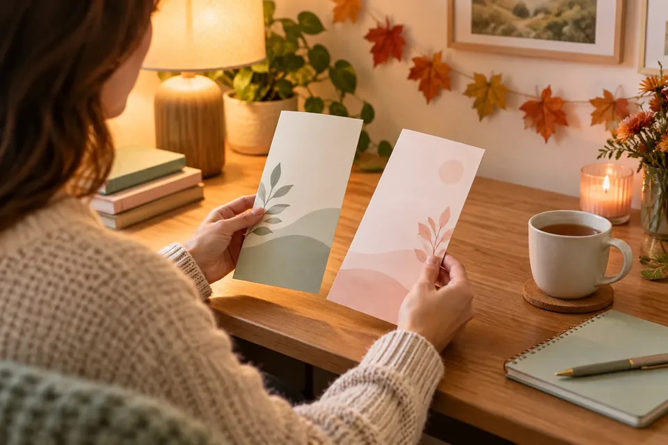A person at a cozy home desk comparing two printed brochures side by side, with an autumn leaf garland in the background.