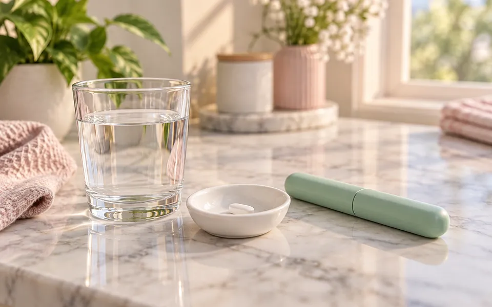 A pill dish next to a pen case, representing oral and injectable options.