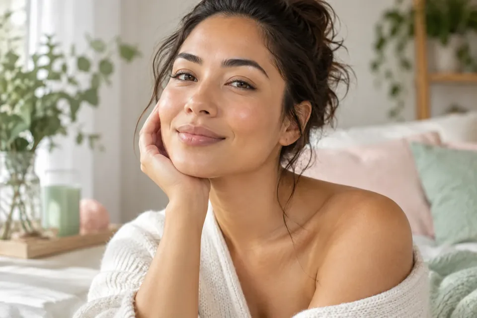 A woman with natural makeup and a relaxed smile rests her face on her hand indoors.