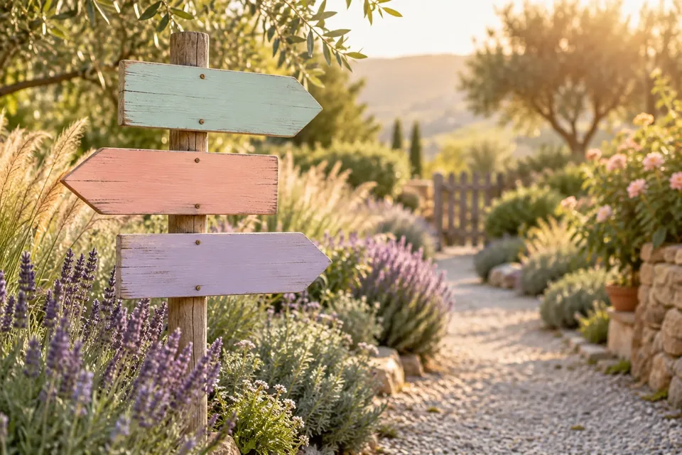 A signpost with three blank arrows pointing in different directions on a sunny garden path.
