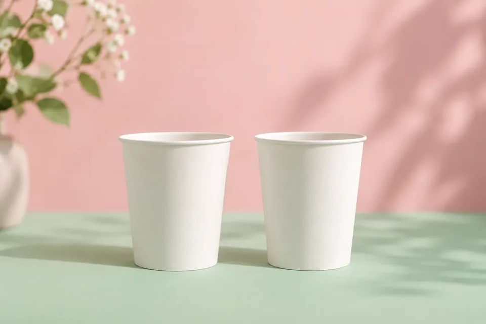 Two identical plain white paper cups side by side on a pastel background