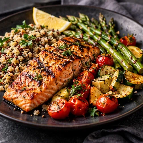 A balanced dinner plate with salmon, quinoa, tomatoes and roasted vegetables