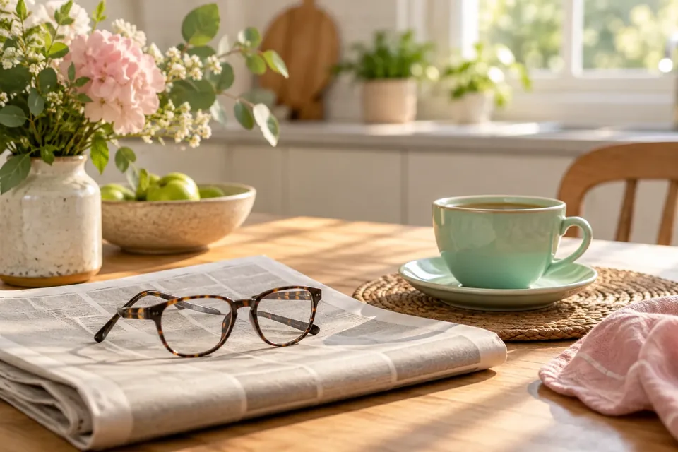 A pair of reading glasses resting on a folded newspaper next to a cup of tea on a kitchen table