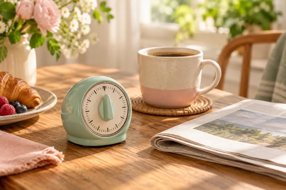 A kitchen timer and a folded newspaper on a sunny breakfast table next to a cup of coffee