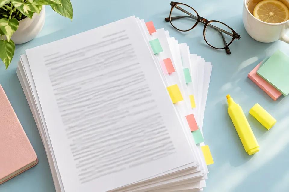 Colorful sticky tabs and a highlighter on a thick stack of printed pages on a light blue desk