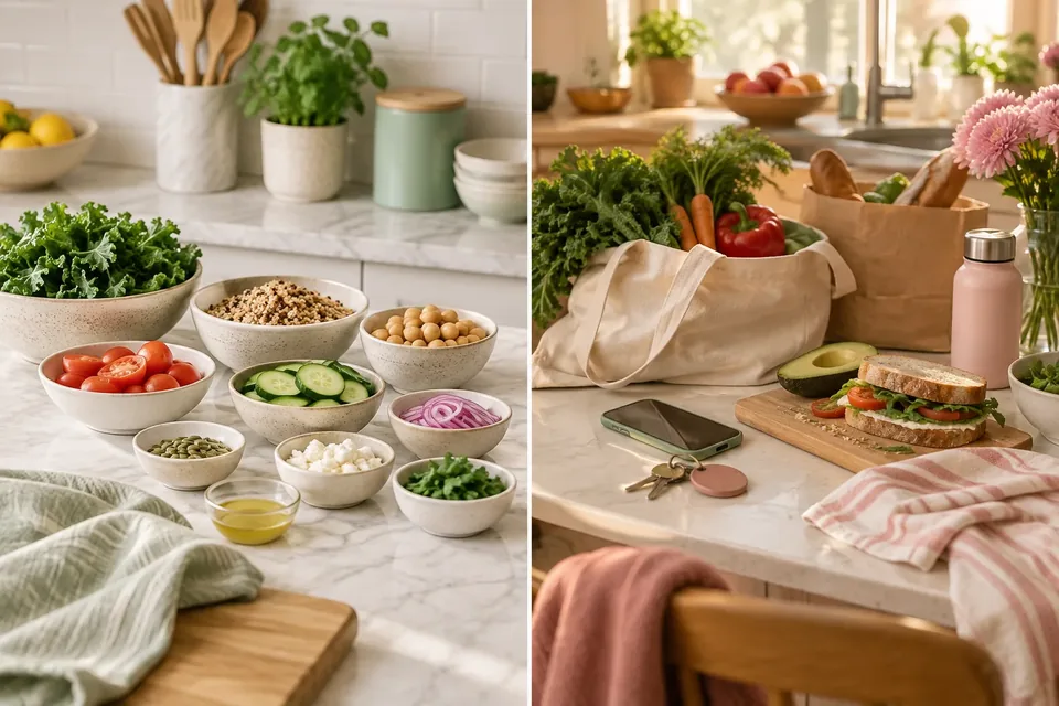 A neat test kitchen next to a busy, lived-in home kitchen, side by side