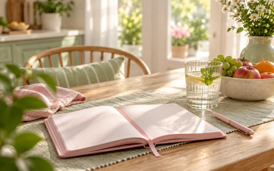 A notebook beside a fruit bowl, representing understanding weight trends.